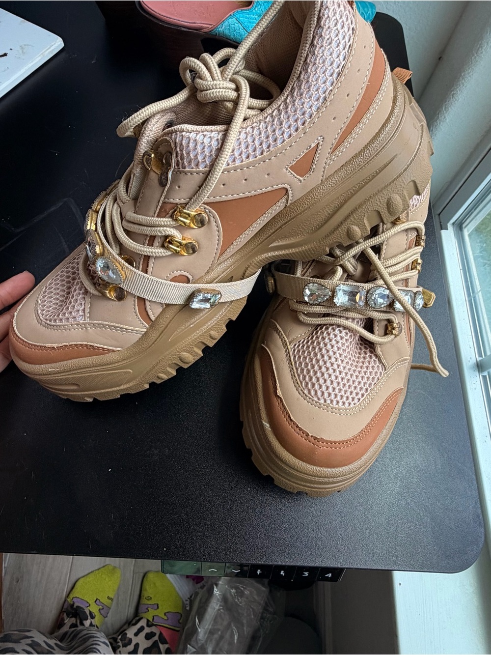 Cape Robbin Beige and Tan Platform Sneakers with Crystal Strap